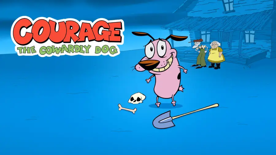 Courage the Cowardly Dog stands in front of a house at night with a skull, bone, and shovel on the ground; two elderly characters stand by the house. The show title is on the left.