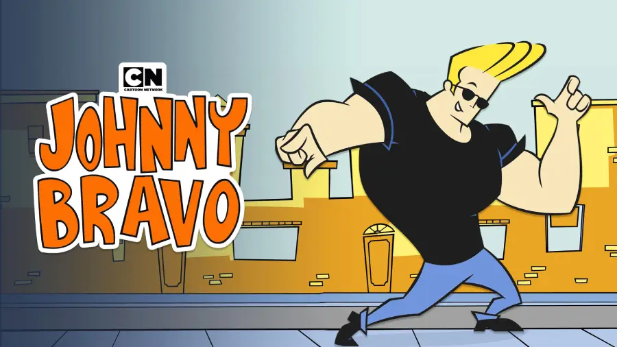 Cartoon character Johnny Bravo with blond hair, sunglasses, and a black t-shirt strikes a pose on a city sidewalk. Orange "Johnny Bravo" text and Cartoon Network logo are on the left.