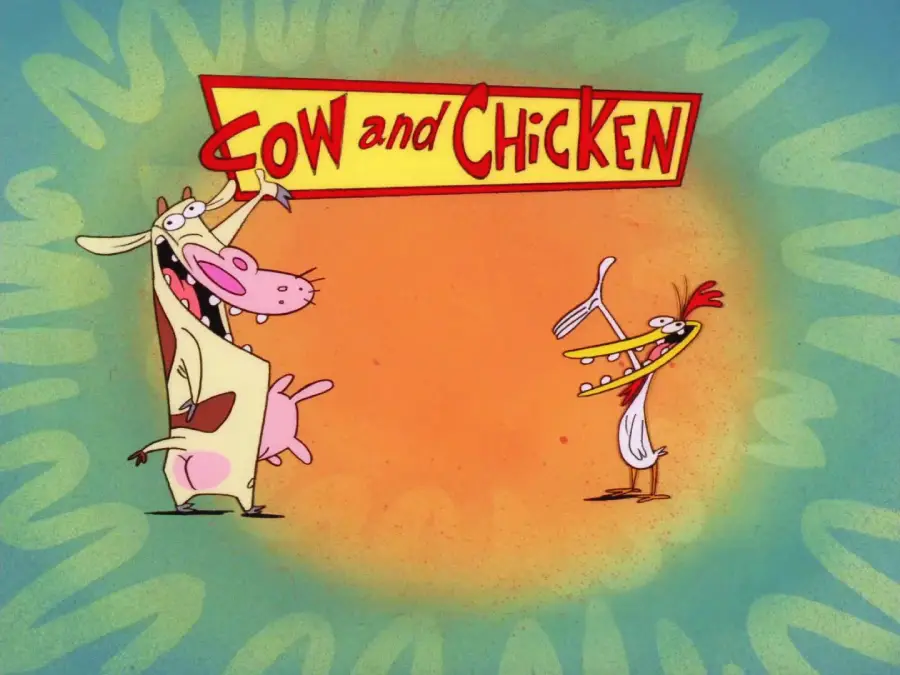 Title card for the cartoon "Cow and Chicken," showing a happy cow and a chicken standing under a yellow and red sign with the show's name on a colorful background.