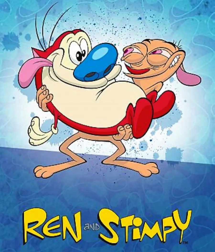 Cartoon characters Ren, a small chihuahua, smiles mischievously while holding Stimpy, a round blue-nosed cat, against a blue splattered background. "Ren and Stimpy" is written at the bottom in yellow text.
