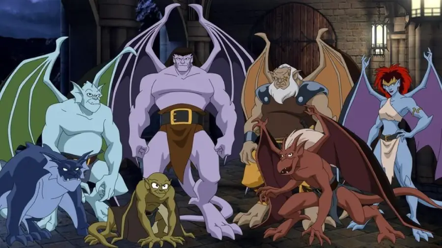 A group of animated gargoyle characters with wings and distinct features pose together in a dimly lit stone castle setting.