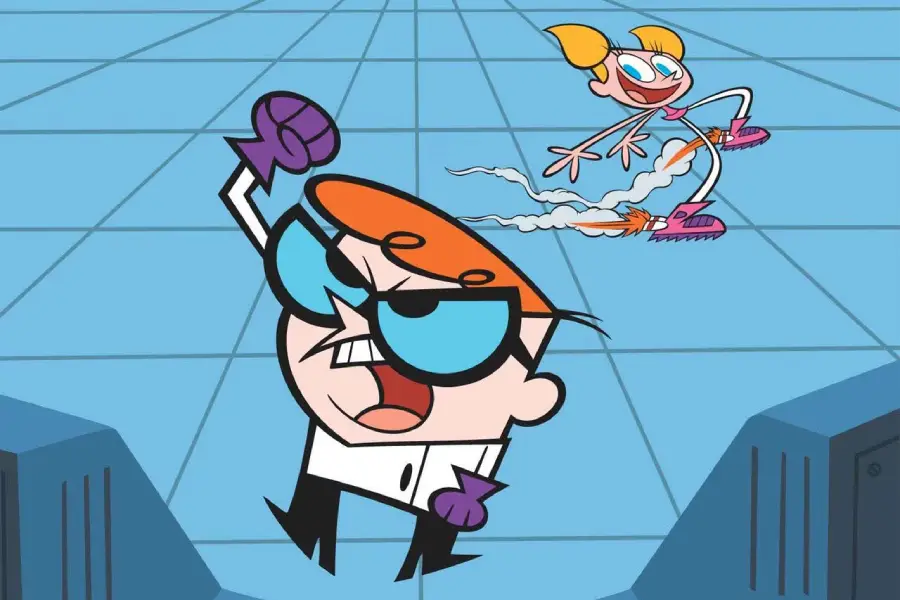 A cartoon boy with orange hair, glasses, and a lab coat raises his fist angrily while a smiling girl with pigtails skates behind him in a futuristic, blue-tiled laboratory.