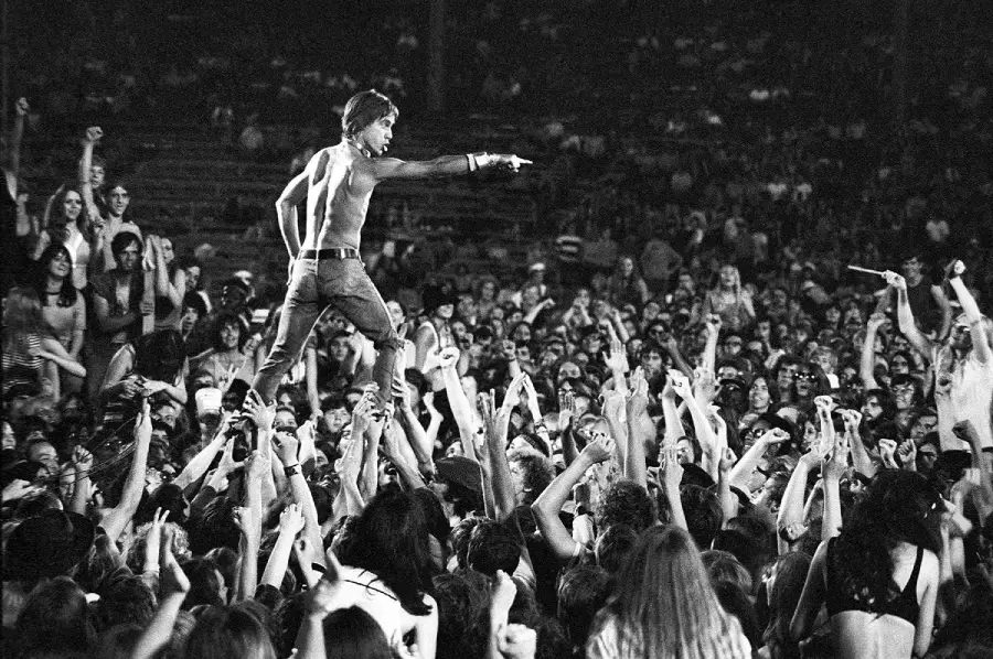 A shirtless performer stands on a sea of outstretched hands in a packed concert crowd, pointing forward, while fans reach up toward him in excitement. The scene is energetic and lively, with people cheering all around.