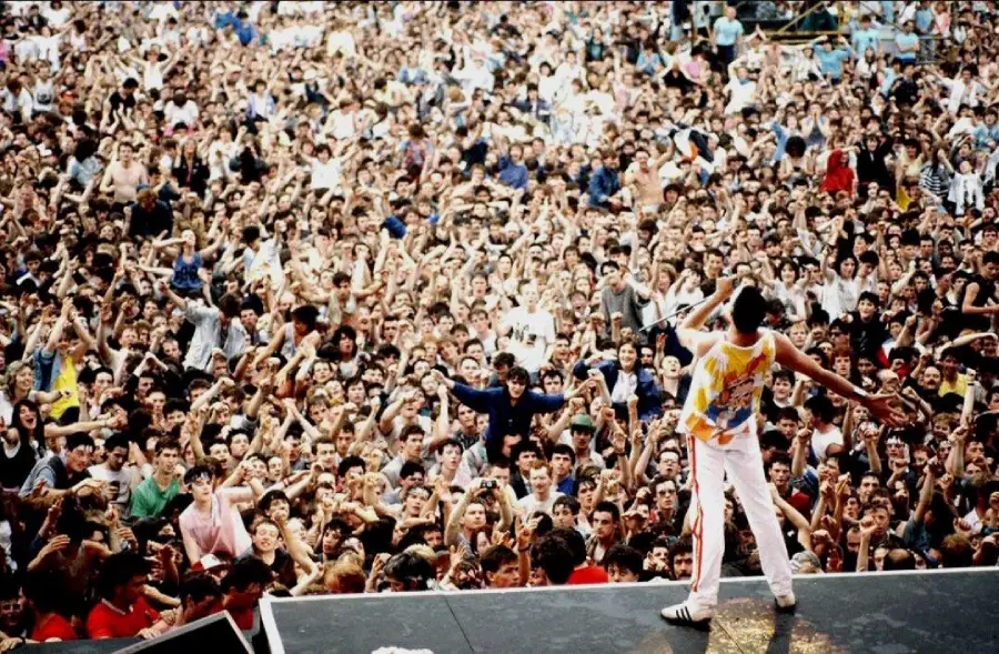 A performer in colorful clothing stands on stage facing a massive, enthusiastic crowd, many with raised hands, at an outdoor concert or music festival.