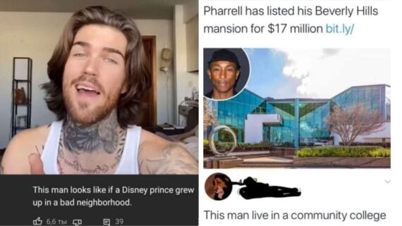 A split image: on the left, a man with long hair and tattoos poses smiling, with a comment below saying he looks like a Disney prince who grew up in a bad neighborhood; on the right, a meme about Pharrell&rsquo;s mansion and a response mocking it.