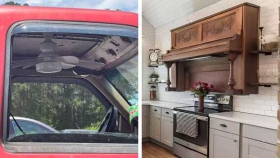 Split image: Left, a ceiling fan is installed inside a red vehicle. Right, an old wooden upright piano is repurposed as a stove hood in a modern kitchen.