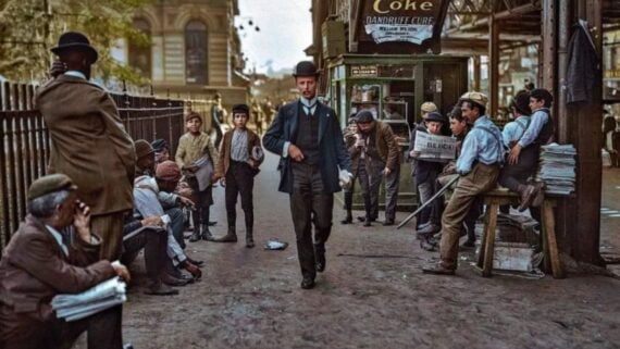 A man in a suit and bowler hat walks down a busy street lined with boys selling newspapers. The boys wear caps and old clothes, and some sit or lean by a newsstand. The scene appears early 20th century.