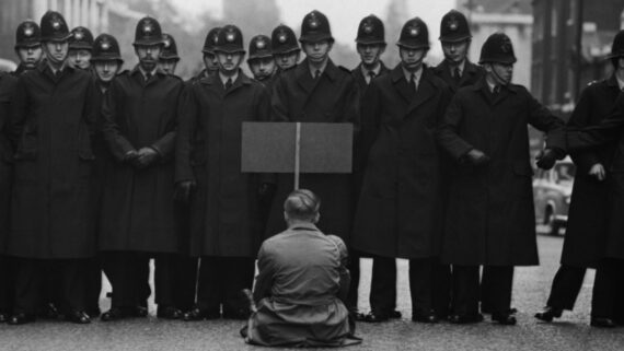A lone seated protester faces a line of uniformed police officers standing shoulder to shoulder on a city street. The scene is tense, with the protester holding a sign as the officers form a barrier.