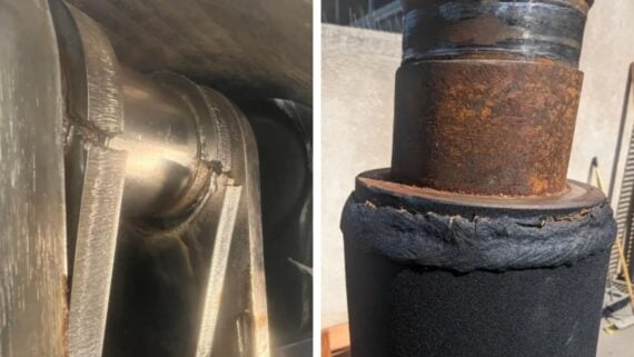 Close-up views of damaged industrial metal parts: the left shows a large cracked weld on a joint, and the right shows a rusted, worn cylinder with a thick, deteriorated black coating.
