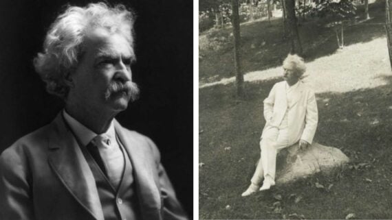 A black-and-white photo collage of an older man with white hair and a large mustache, wearing a suit in the left portrait and sitting outdoors in a white suit on a rock in the right image.