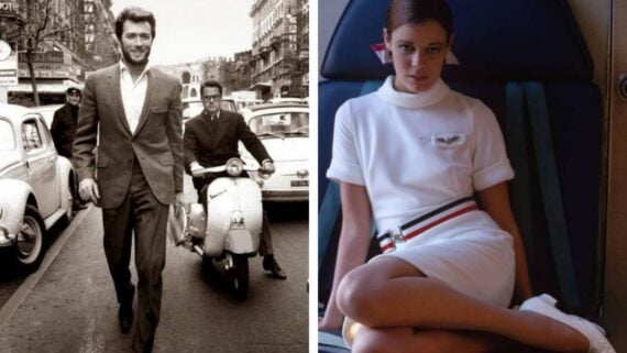 Split image: On the left, a man in a suit walks down a busy vintage city street, with a scooter and cars behind him. On the right, a woman in a white mod dress sits on a seat, posing with her legs crossed.