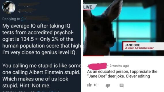 A two-panel meme: The left panel shows a tweet boasting about a high IQ score. The right panel displays a news segment with a silhouetted deer labeled &ldquo;Jane Doe, A Deer, A Female Deer,&rdquo; and a comment praising the clever joke.