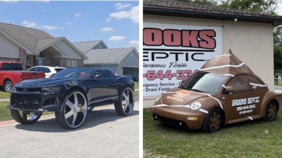 Split image: Left side shows a black sports car with oversized wheels on a suburban street; right side shows a brown Volkswagen Beetle painted to look like a poop emoji, parked by a Brooks Septic sign.