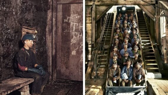 Split image: Left side shows a miner sitting alone on a bench in a dimly lit mine, wearing work clothes and a helmet. Right side shows a group of miners packed together, seated in a mining cart on wooden tracks.