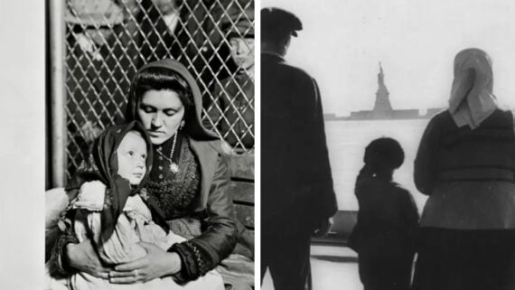 Historical black-and-white photos: left, a woman in a headscarf holds a child by a chain-link fence; right, three people look at the Statue of Liberty from a boat.