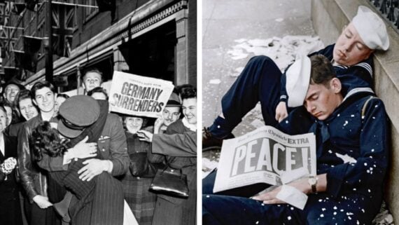 Split image: Left side shows a crowd celebrating with a newspaper reading &ldquo;Germany Surrenders&rdquo; and a uniformed man kissing a woman. Right side shows two sailors asleep, one holding a &ldquo;Peace!&rdquo; newspaper.