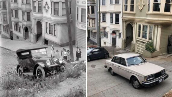 Split image: Left side shows a vintage car and people on a steep street in front of old houses; right side shows a modern car parked on a similar steep street with updated houses.