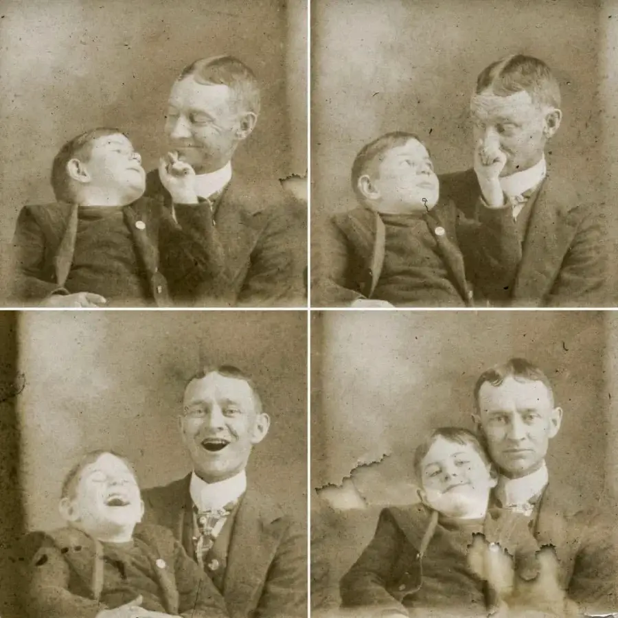 Four vintage black-and-white photos show a playful child putting a finger on an adult man's face. Both laugh and smile, and in the last image, they sit close together, looking content.