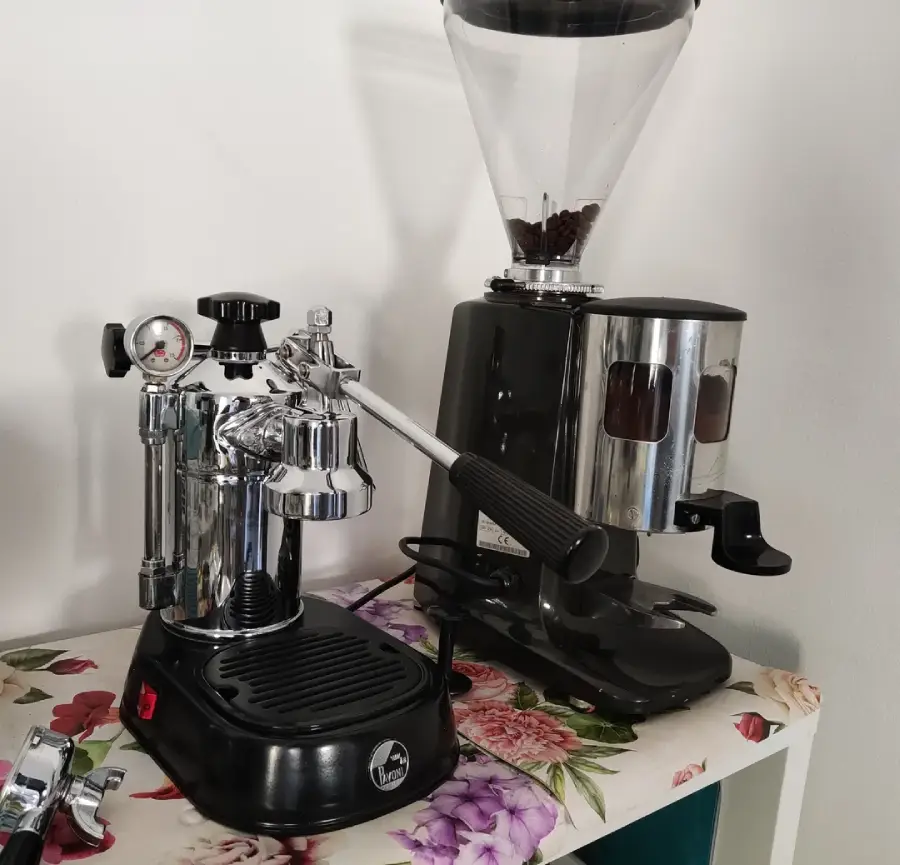 A chrome espresso machine and a black coffee grinder with visible coffee beans sit on a floral-patterned countertop against a white wall.