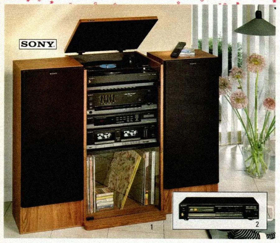 A vintage Sony stereo system with turntable, speakers, cassette deck, and vinyl records in a wooden cabinet; remote control on top and flowers by a window in the background.