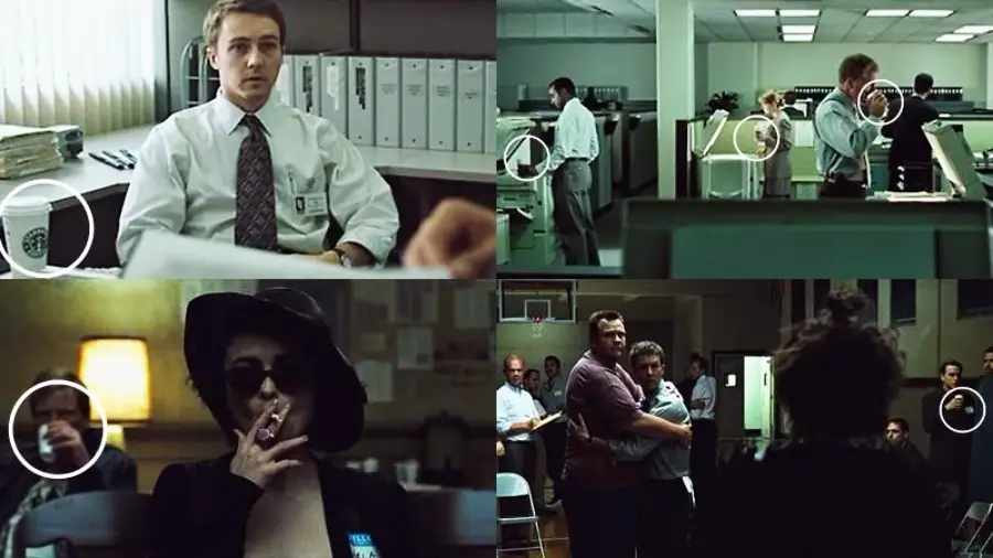 Four scenes from an office and support group setting, each with a white circle highlighting a Starbucks coffee cup subtly placed in the background or near characters.