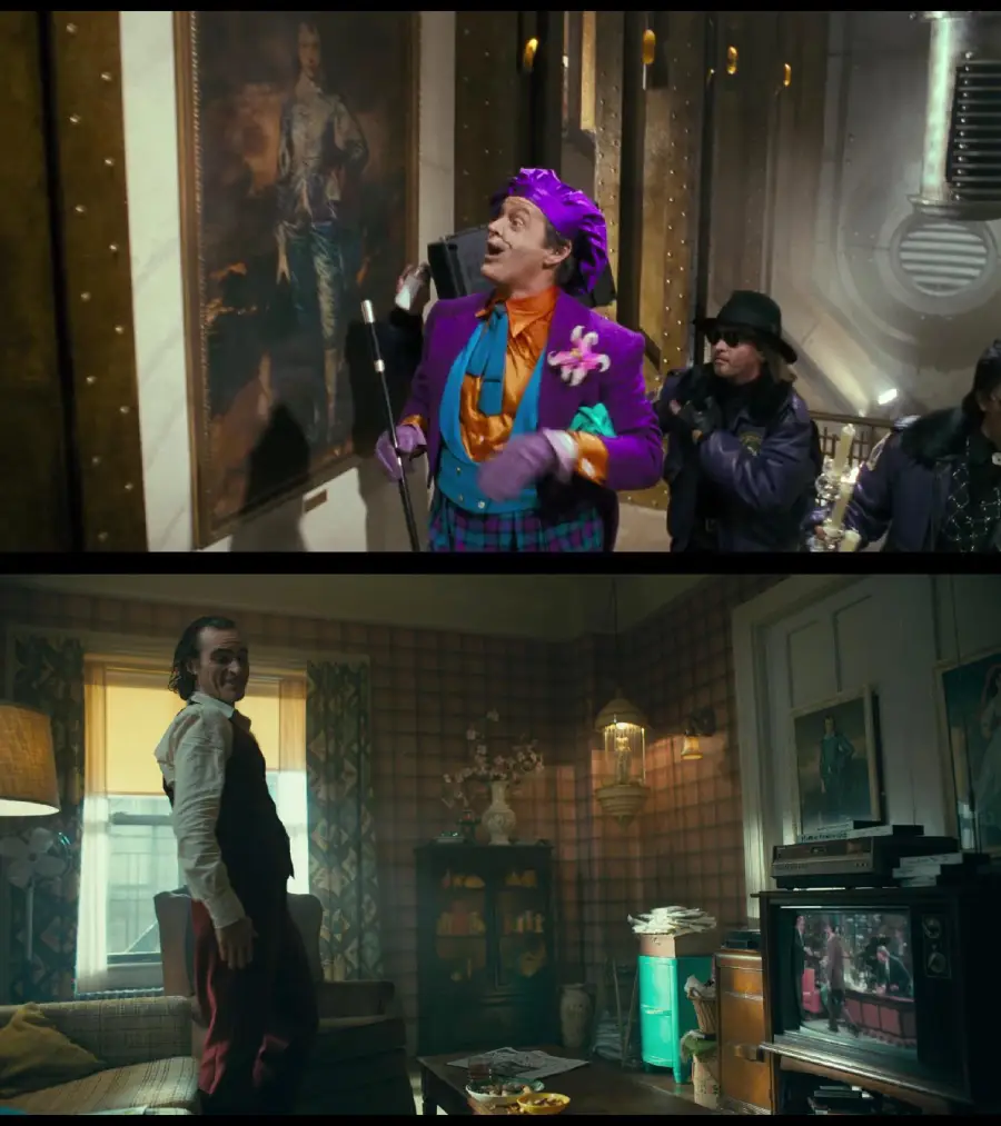 Split image: Top—A man dressed as a colorful clown gestures energetically in a lavish room with a large portrait on the wall. Bottom—A man stands in a modest living room, glancing back, with a TV and lamp visible.