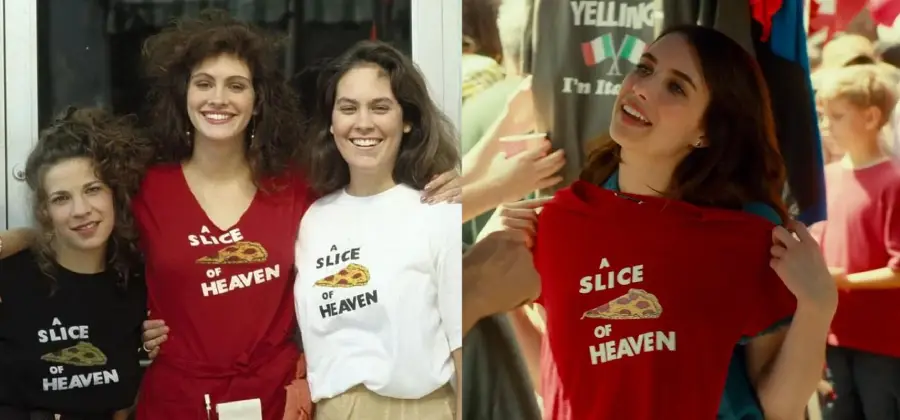 Split image: Left side shows three women smiling, two wearing shirts that say "A Slice Of Heaven" with a pizza graphic. Right side shows a woman holding up a similar red "A Slice Of Heaven" shirt and smiling outdoors.