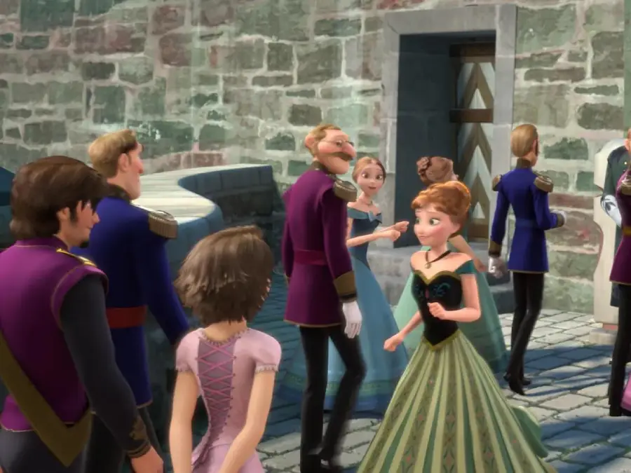 A group of animated characters in formal attire gather outside near a stone wall; one young woman in a green dress stands in the foreground, while others chat and walk in the background.