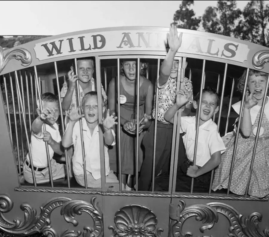 Eight children pose playfully behind bars in a decorative cage labeled “Wild Animals.” They smile, wave, and make clawing gestures, pretending to be wild creatures. Trees are visible in the background.