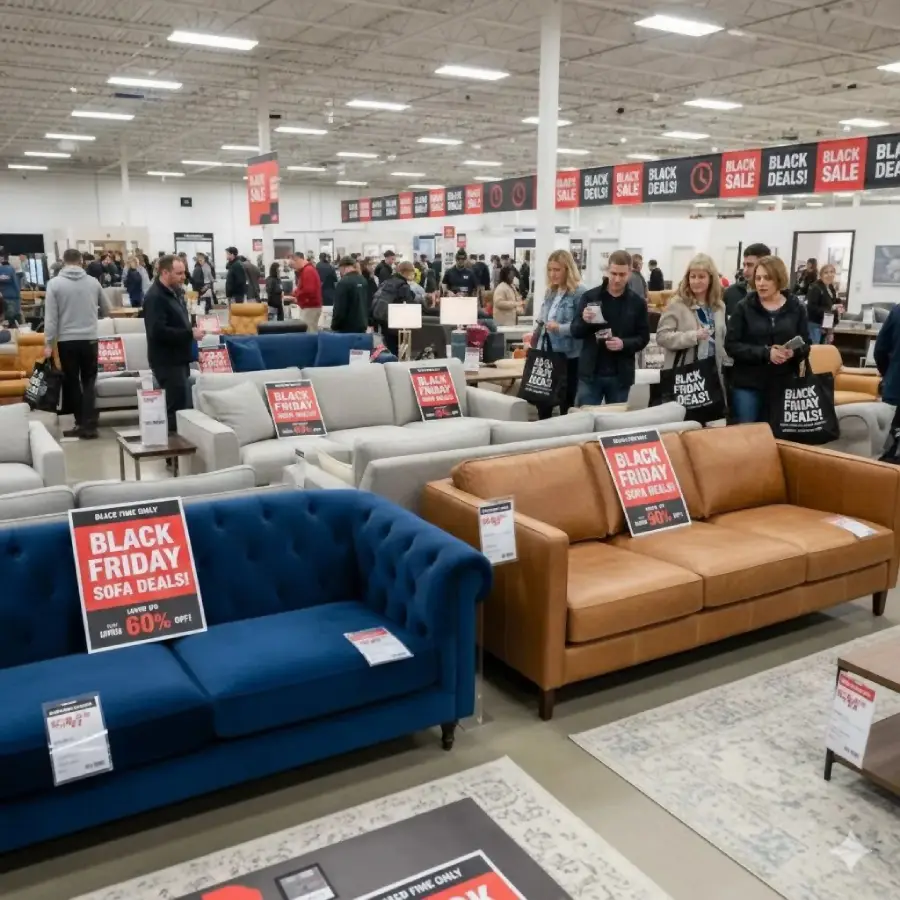 Shoppers browse a furniture store filled with sofas displaying "Black Friday Sofa Deals" signs. Crowds and sale banners are visible throughout the brightly lit showroom.