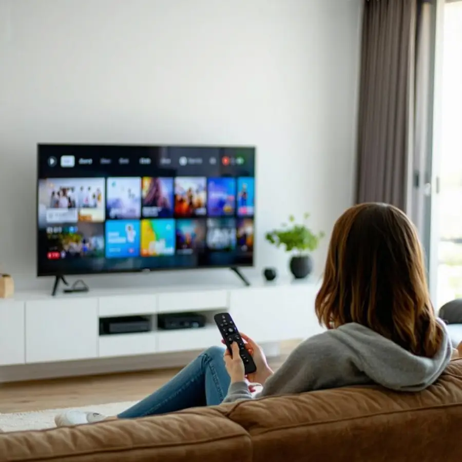 A person sitting on a sofa holding a remote, facing a large flat-screen TV displaying streaming service menus in a modern living room with a white TV stand and potted plants.