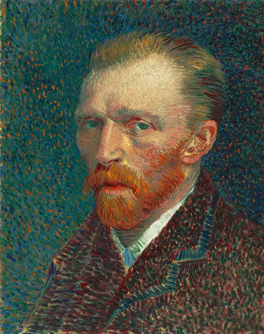 Colorful oil painting of a man with red hair and beard, wearing a dark jacket and white shirt, against a blue-green background with visible brushstrokes and textured patterns.