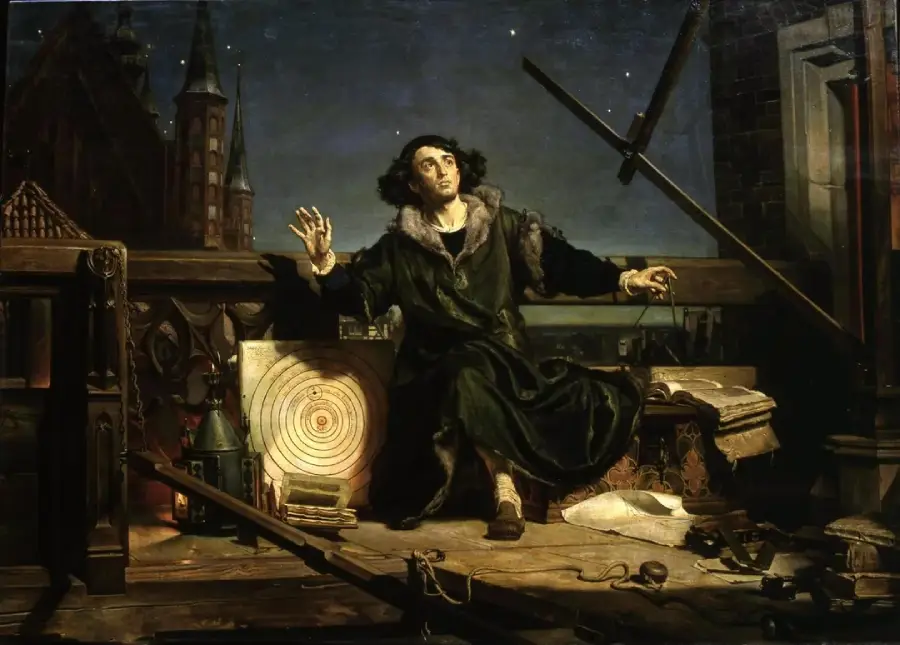 A painting of a man in Renaissance clothing sitting on a balcony at night, surrounded by books, scientific tools, and a large chart, gazing upward at the starry sky with an expressive gesture.