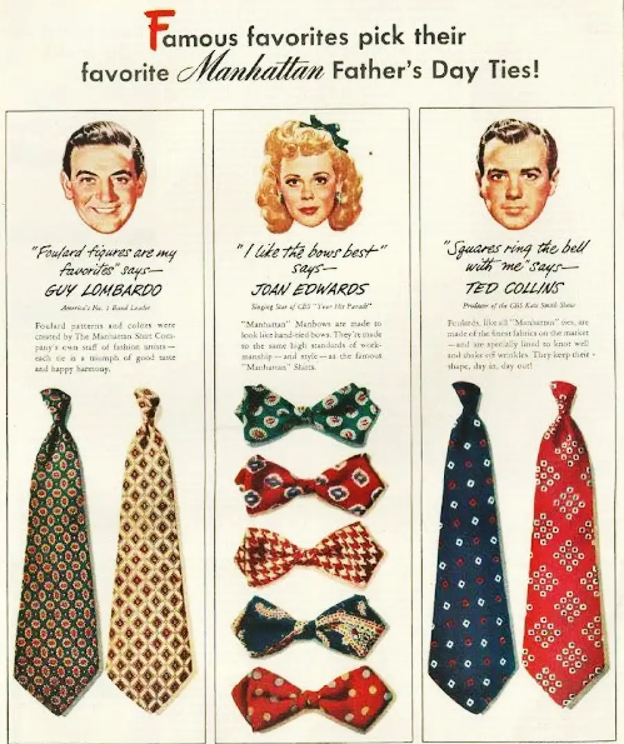 Vintage advertisement featuring three celebrities—one woman and two men—endorsing patterned Manhattan ties for Father’s Day. Below each person are two ties or bow ties with colorful, geometric designs.