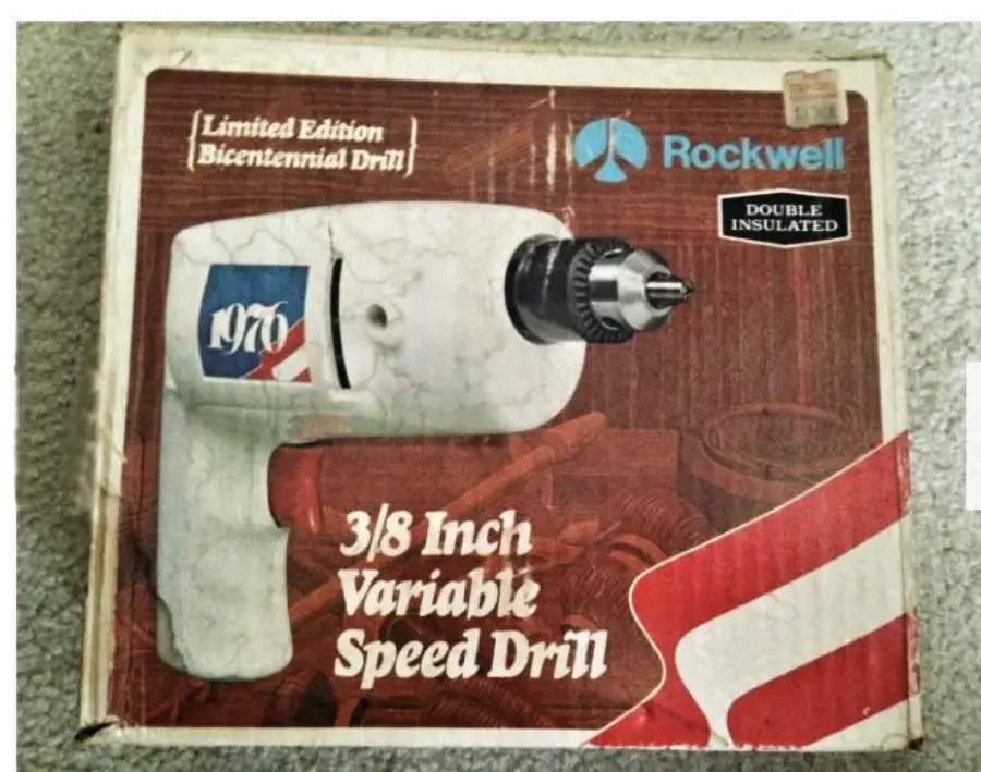 A vintage box for a Rockwell 3/8 inch variable speed drill, labeled as a limited edition bicentennial drill, featuring red, white, and blue patriotic graphics and a "Double Insulated" badge.