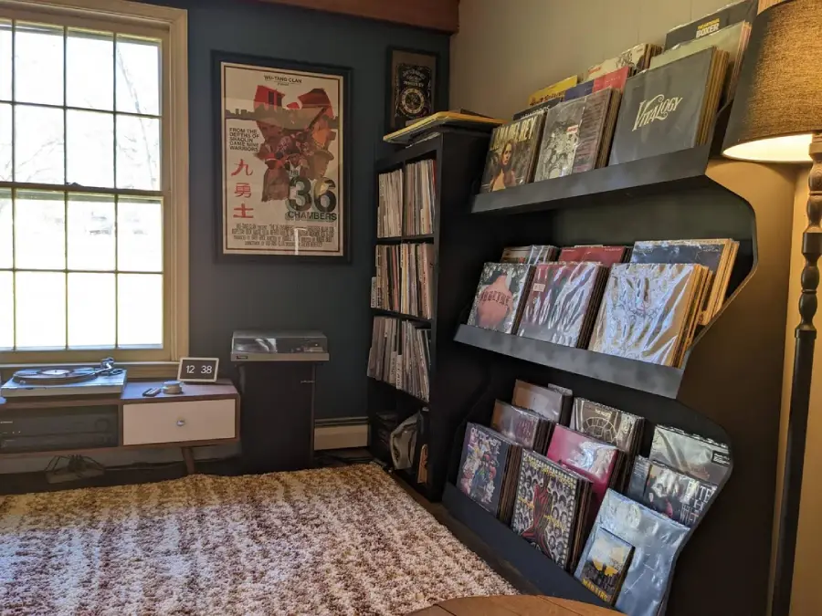 A cozy room with a large window, a record player, shelves full of vinyl records, a framed poster on the wall, a table, and a standing lamp, all on a textured carpet.