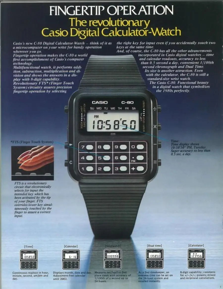 A vintage advertisement for the Casio C-80 Digital Calculator Watch, featuring a close-up of the watch face, keypad, and display, along with text and diagrams detailing its functions and features.
