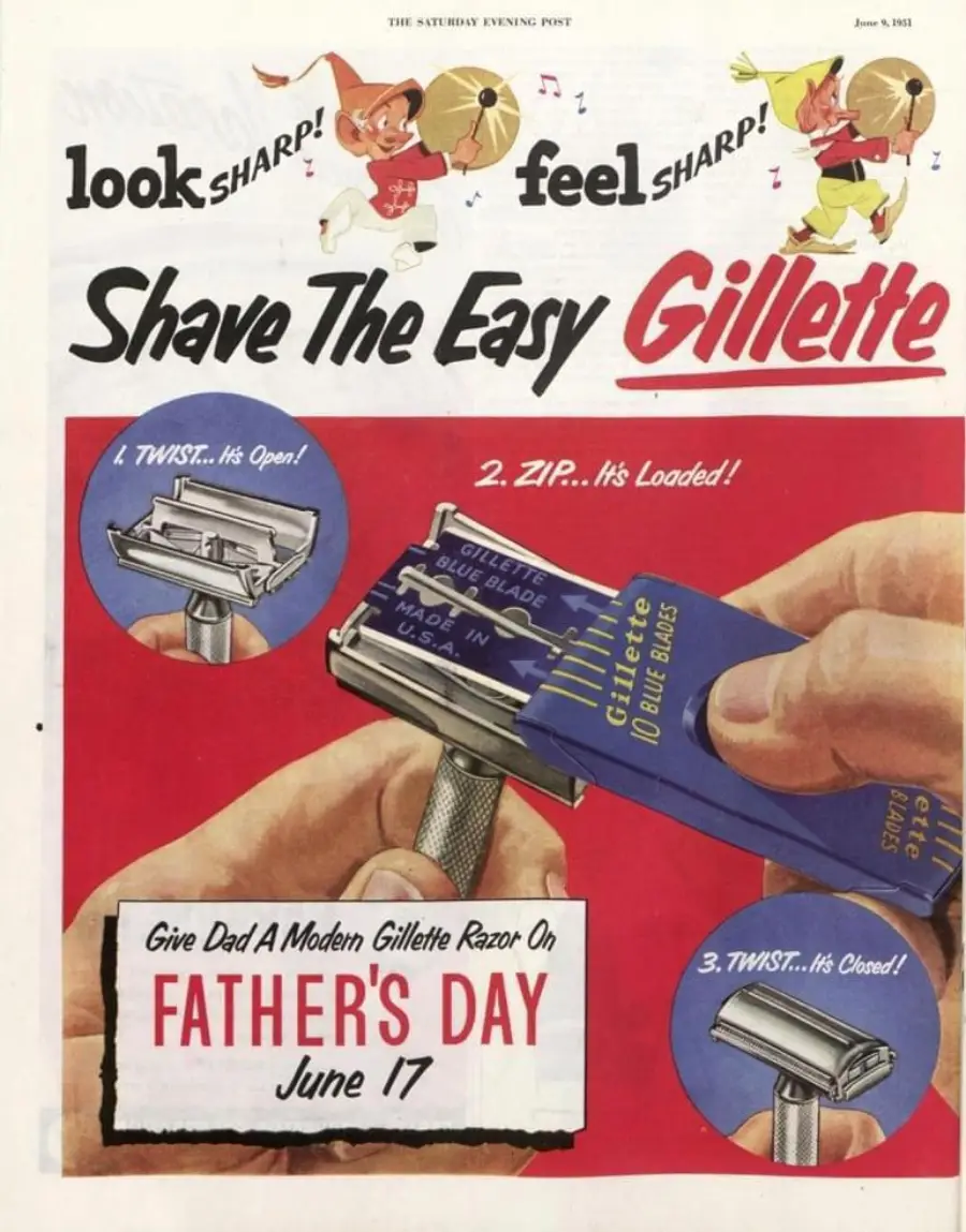A vintage Gillette ad shows hands loading a razor blade into a safety razor, with cartoon barbers above and text promoting Gillette razors as a Father's Day gift. Bold text says "look sharp! feel sharp!" and highlights easy loading steps.
