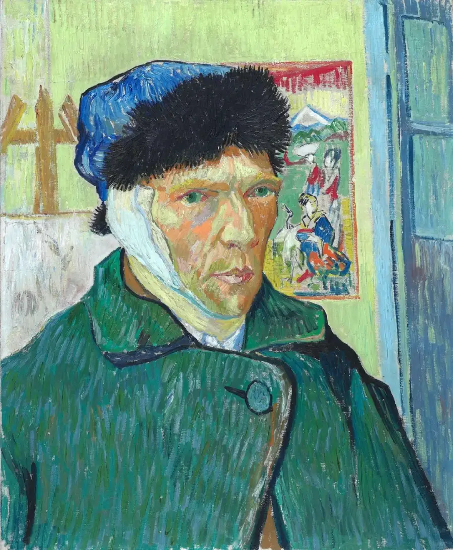 A painting of a man with a bandaged ear, wearing a blue hat and green coat, stands indoors. The background shows a yellow wall, a colorful print, and a blue door. The man looks ahead with a serious expression.