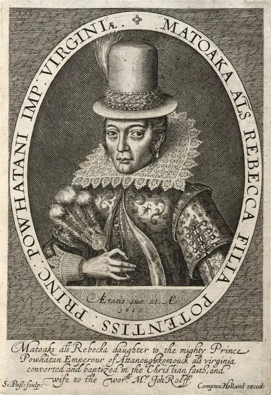 An engraved portrait of Pocahontas, also known as Matoaka or Rebecca, wearing a tall hat, lace collar, and holding a fan. An oval frame surrounds her, with descriptive text about her identity and life.
