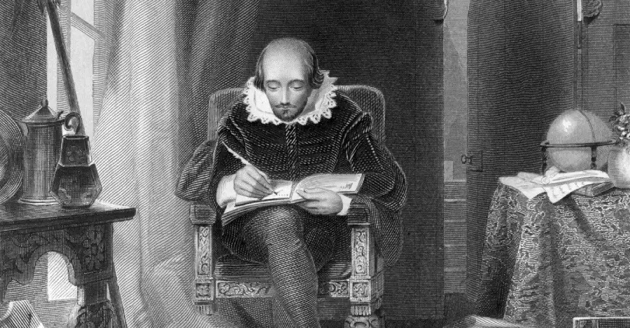 A black-and-white illustration of a man in Elizabethan clothing sitting in an ornate chair, writing in a book with a quill pen. A table with various objects is beside him, and light streams through a window.