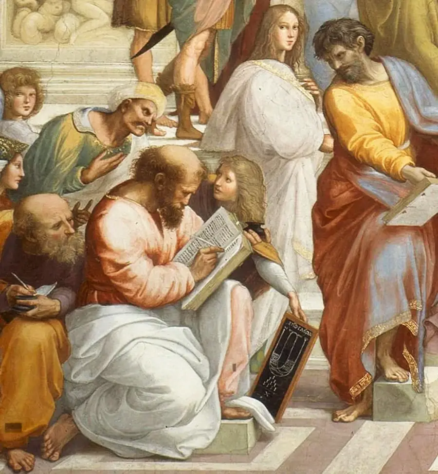 A group of men and one woman in ancient robes engage in discussion. One man writes in a book while others watch closely. The background shows classical architecture and statues. The scene is lively and scholarly.