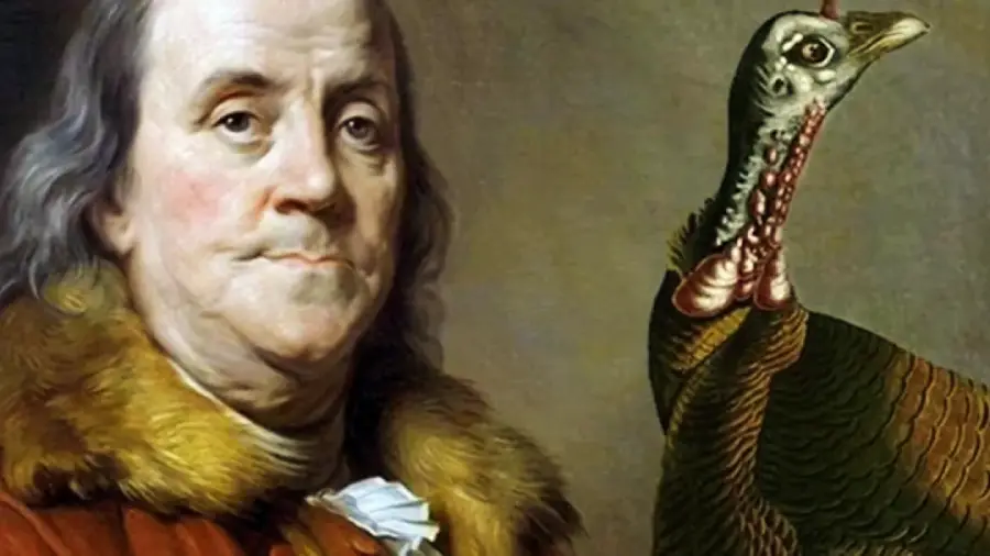 A historical painting shows an older man with long hair in a brown coat and fur collar standing beside a large turkey with detailed feathers.