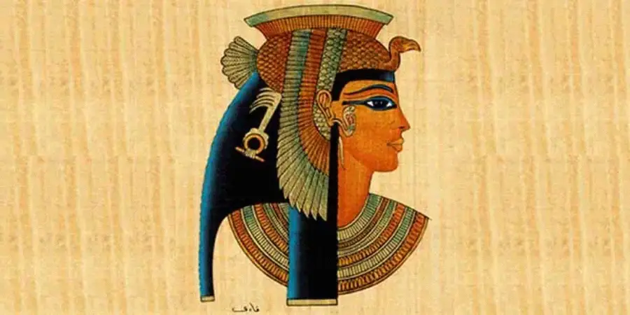 A traditional illustration of an ancient Egyptian queen in profile, wearing a headdress, elaborate jewelry, and colorful clothing, set against a textured, papyrus-like background.