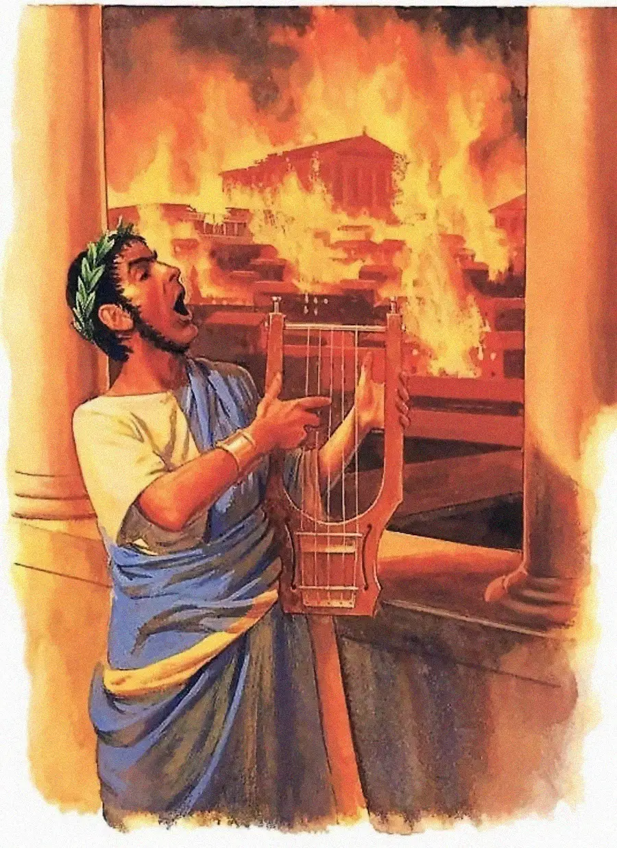 A man in ancient Roman clothing stands on a balcony playing a lyre and singing, while a city behind him is engulfed in flames.