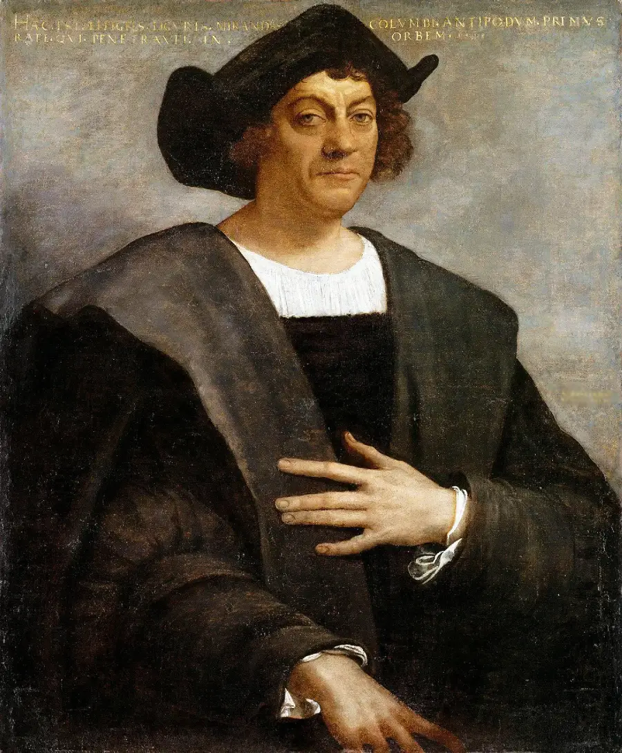 A painted portrait of a man in Renaissance clothing with a black hat and robe, standing against a dark background, gazing forward with one hand resting on his chest and the other visible at his side.