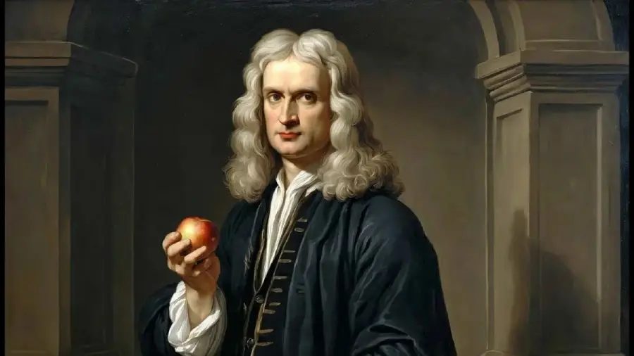 A man with long, wavy gray hair wearing dark, old-fashioned clothing holds an apple in his right hand and stands in front of an arched architectural background, gazing directly forward.