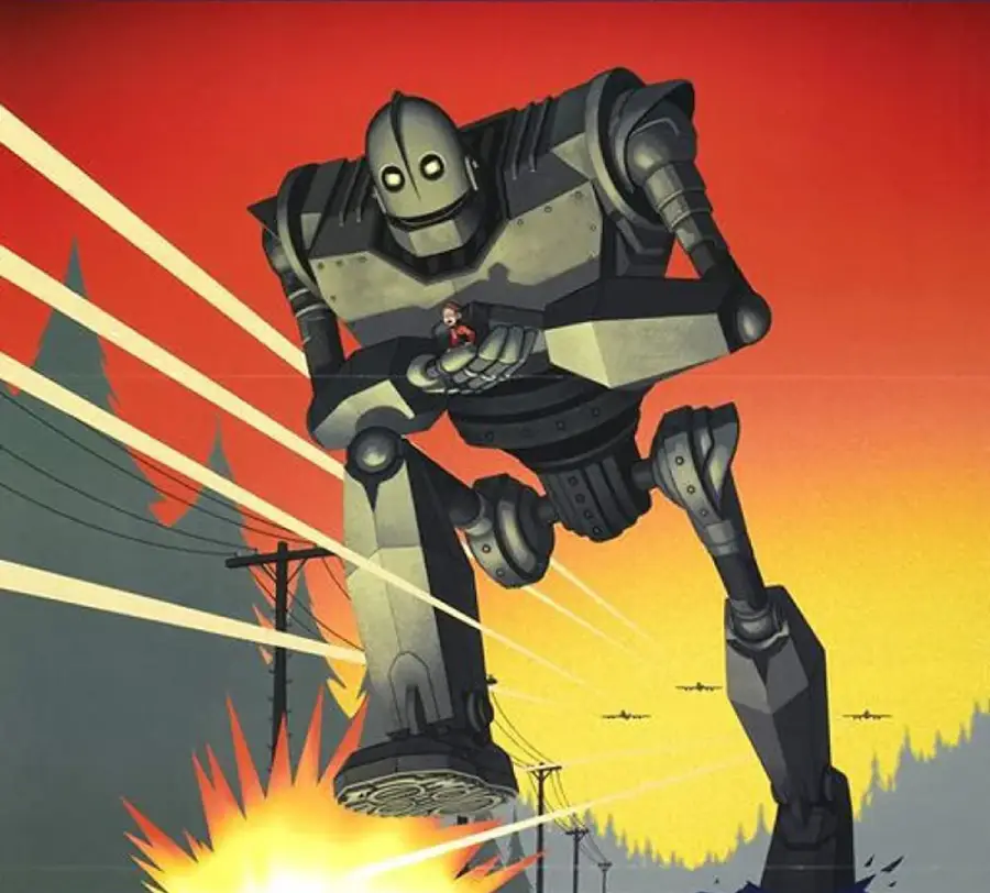A giant robot steps through a forest, holding a child in its hand. Beams of light and an explosion appear near its feet against an orange sky, with trees and power lines in the background.