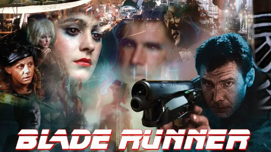A collage of scenes and characters from the film "Blade Runner," featuring intense faces, neon lights, futuristic cityscapes, and a man aiming a gun, with the title "Blade Runner" in bold red letters at the bottom.