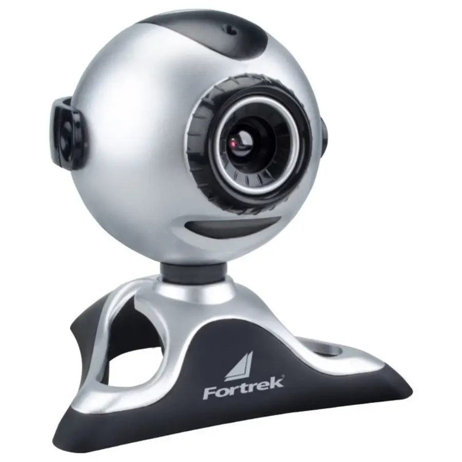 A silver and black spherical webcam with a lens in the center, mounted on a triangular black and silver base displaying the Fortrek logo.